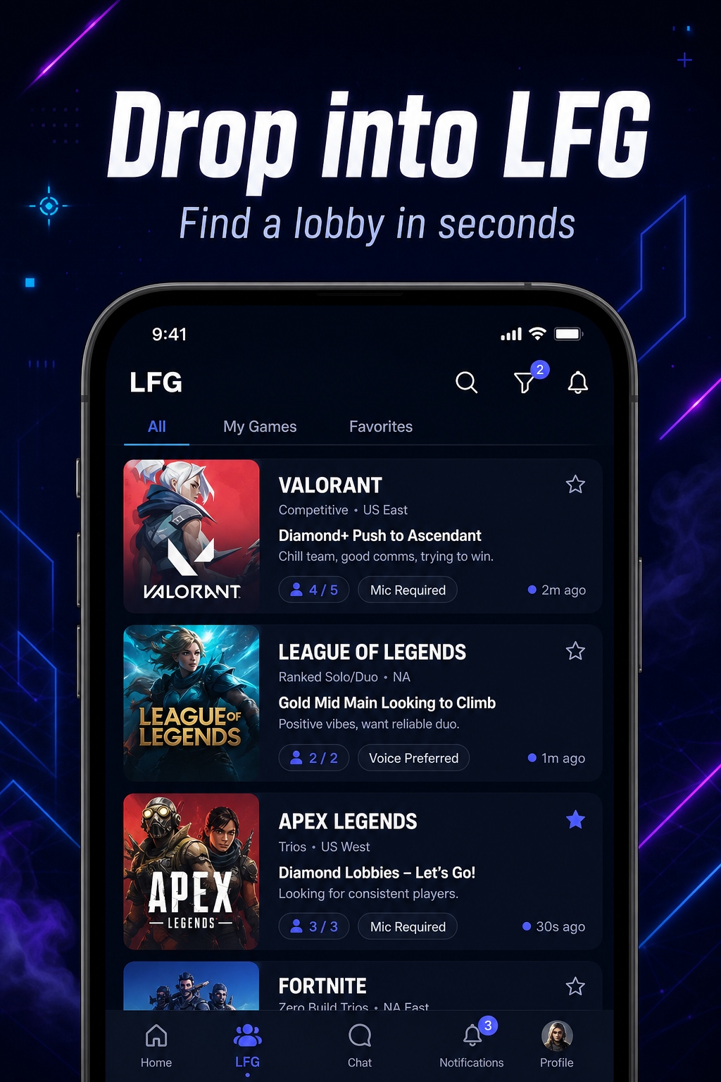 Drop into LFG — find a lobby in seconds